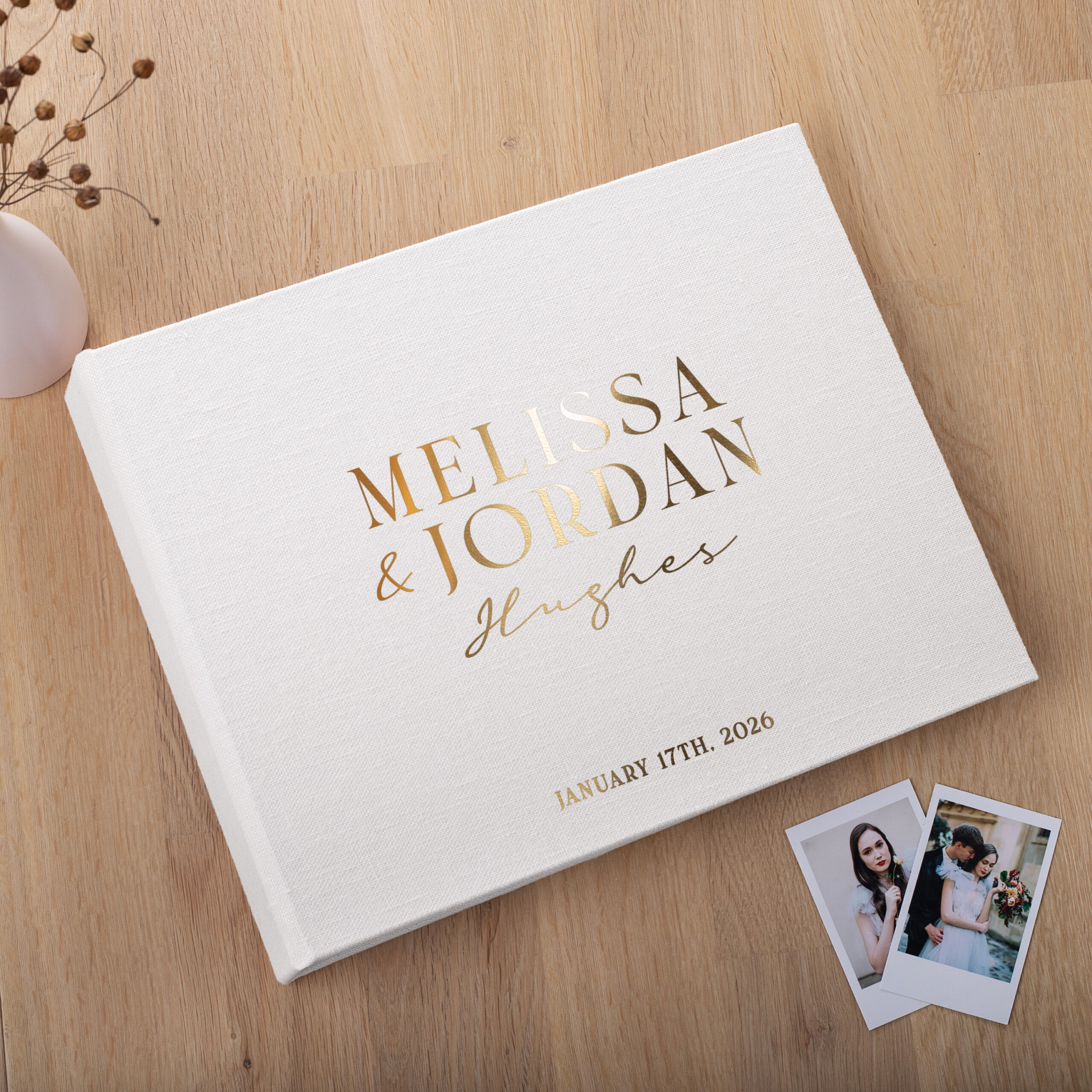Linen Wedding Guest Book With Photo Pockets